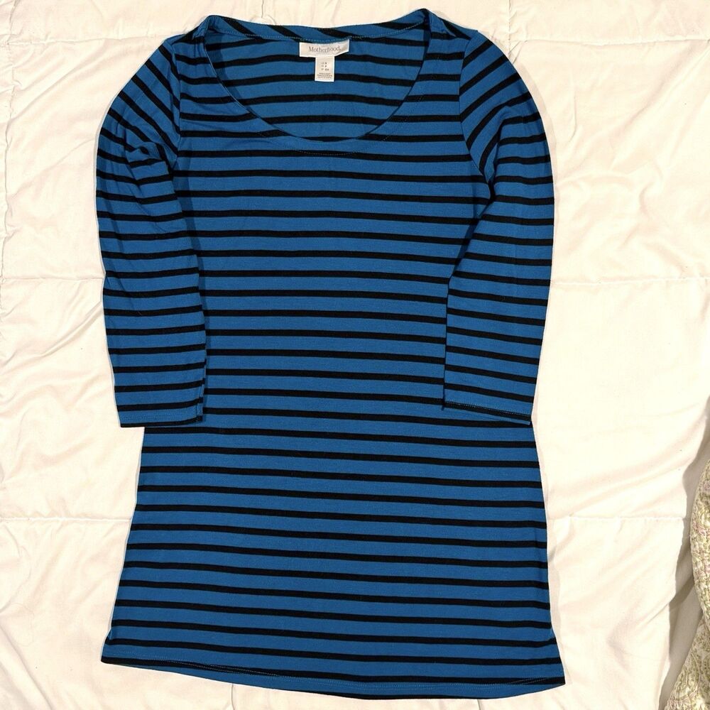 Motherhood Maternity Black & Blue 3/4 Sleeve Stripe Shirt Small EUC Long Tunic